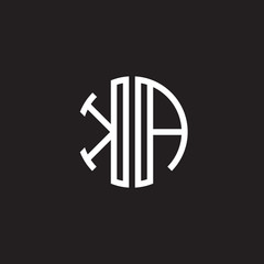 Initial letter KA, minimalist line art monogram circle shape logo, white color on black background