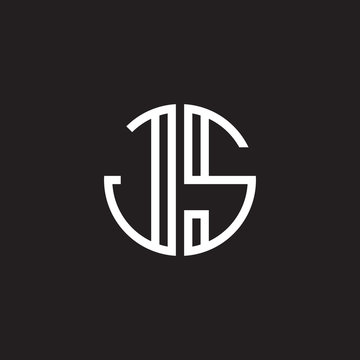 Initial letter JS, minimalist line art monogram circle shape logo, white color on black background