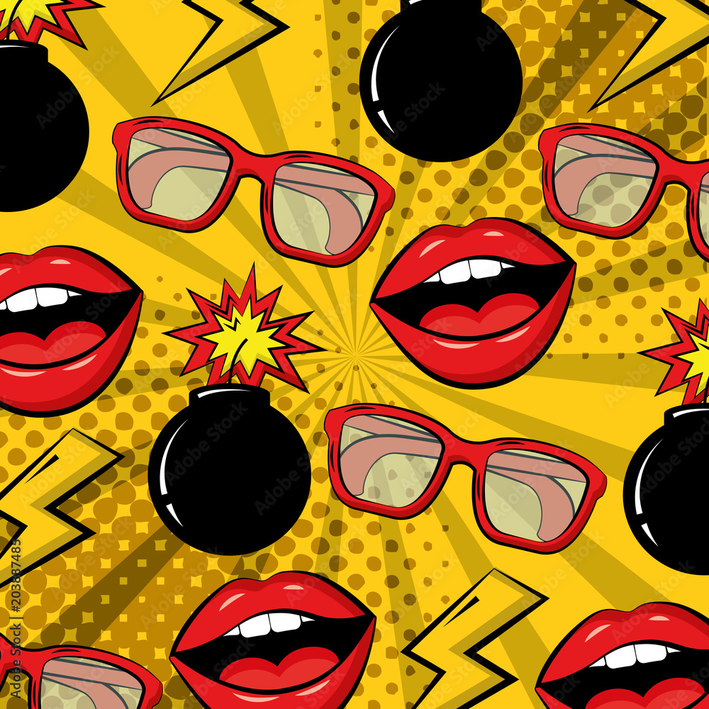 Wall mural pop art comic bomb glasses lips background design vector illustration