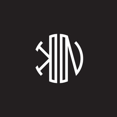 Initial letter KN, minimalist line art monogram circle shape logo, white color on black background