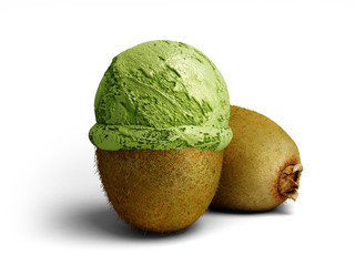 modern concept of fruit ice cream A kiwi ice cream ball lies on a roasted kiwi3d render on white background