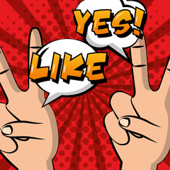 hands peace and love vintage like yes speech bubble pop art comic vector illustration