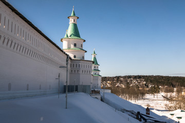 The fortress walls with towers around the New Jerusalem Monastery of the 17th century. Istra,...