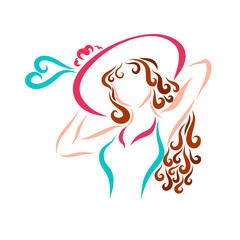 beauty with long curly hair in a fashionable hat