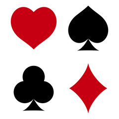 Suit of playing cards. Hearts, Spades, Clubs, Diamonds. Vector illustration on white background.