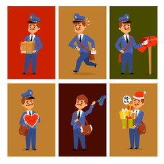 Postman delivery man character vector cards courier occupation carrier package mail shipping deliver professional people with envelope.