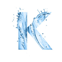 stylized font, text made of water splashes, capital letter k, isolated on white background