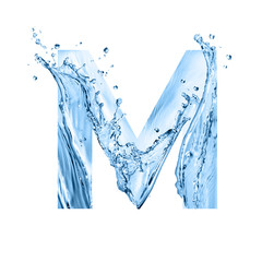stylized font, text made of water splashes, capital letter m, isolated on white background