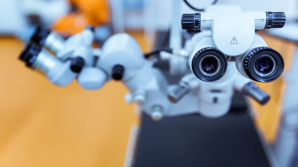 medical equipment. close up picture of an operating microscope in a laboratory. Ophthalmologist. health, ophthalmology concept