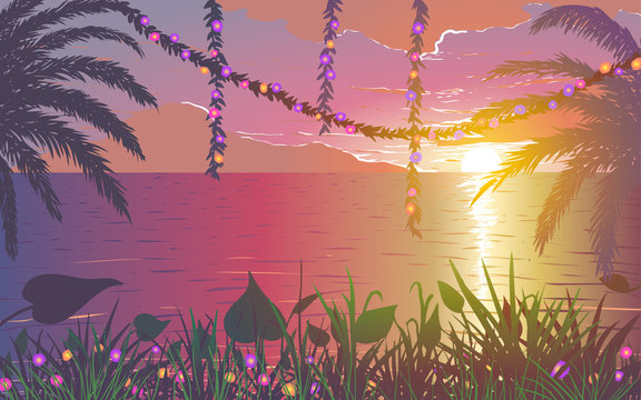Tropical ocean coast with plants, palm trees and flowers on sunset.