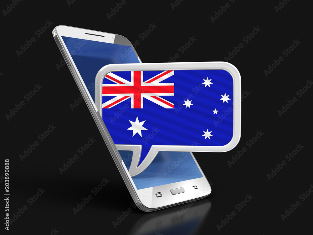 Poster touchscreen smartphone and speech bubble with australian flag. image with clipping path