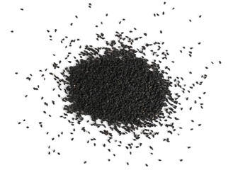 Pile of black cumin seeds isolated on white background, top view