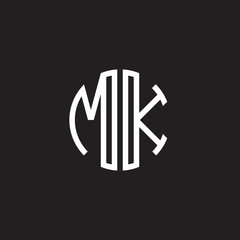 Initial letter MK, minimalist line art monogram circle shape logo, white color on black background