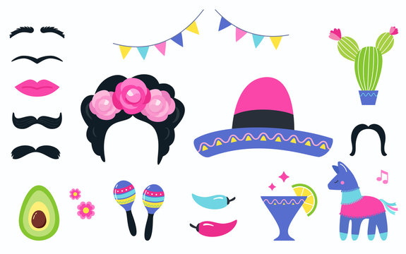 Mexican Fiesta Party Elements and Photo Booth Props Set. Vector Design