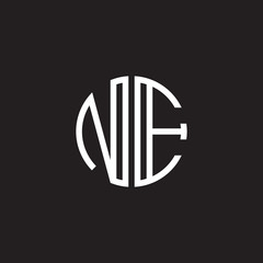 Initial letter NE, minimalist line art monogram circle shape logo, white color on black background