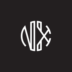 Initial letter NX, minimalist line art monogram circle shape logo, white color on black background
