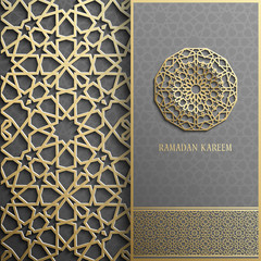 Ramadan Kareem greeting card,invitation islamic style.Arabic circle golden pattern.Gold ornament on black, brochure