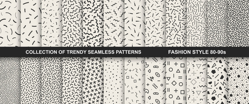 Collection of memphis seamless patterns. Fashion 80-90s.