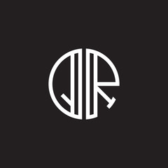 Initial letter QR, minimalist line art monogram circle shape logo, white color on black background