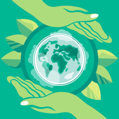 World Environment Day. Earth Day. Poster on the theme of preservation of the environment. The planet is in the hands of man. Vector illustration.
