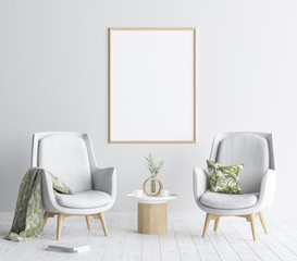 Mock up poster frame in living room background, Scandinavian style interior, 3D render