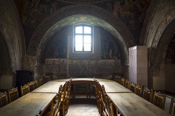 Medieval dining table inside the Horezu Monastery, in Romania