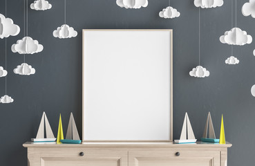 Mock up poster frame in children room, Scandinavian style interior background, 3D render - obrazy, fototapety, plakaty