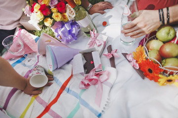 Summer holiday picnic on the occasion of the girl's birthday. A beautiful decor of delicate tones, fruits, macaroons, a bouquet of colorful roses, glasses is laid out on a blanket spread on the grass.