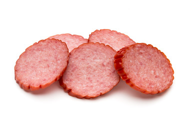 Slices of salami. Isolated on a white background.