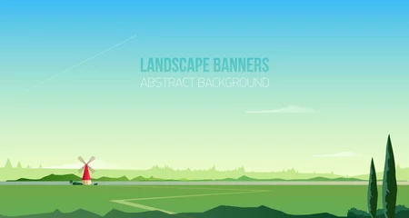 Poster Horizontale achtergrond of sjabloon voor spandoek met spectaculaire landelijke landschap of natuurlijke omgeving. Prachtig landschap met windmolen, veld, weg, bomen, mooie lucht. Moderne vectorillustratie. © Good Studio