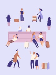 Men and women with suitcases waiting at airport or bus station. Group of people or passengers with luggage sitting on bench, taking selfie photo, standing, walking. Flat cartoon vector illustration.