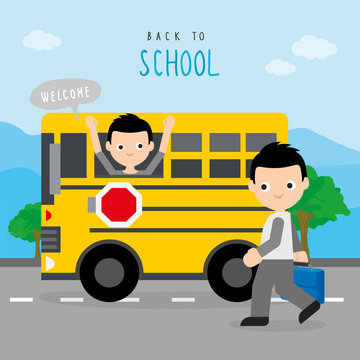 Back To School Bus Road Boy Children Student Cartoon Character Vector 