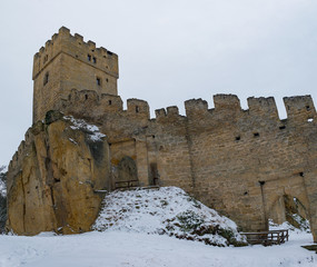 Castle fortification walls and fortress towers of Gothic Helfenburg state keep, Czech republic