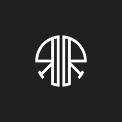 Initial letter RR mirror, minimalist line art monogram circle shape logo, white color on black background