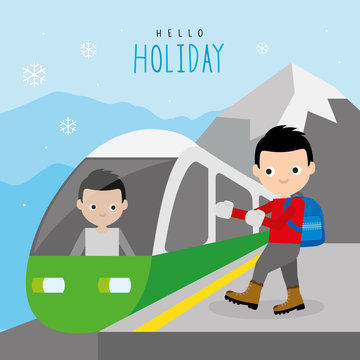 Train Public Railway Mountain Travel Holiday Winter Boy Traveler Cartoon Character Vector 