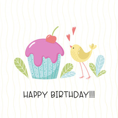 Fototapeta premium Cute cartoon bird and cupcake with cream and cherry.