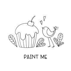 Cute cartoon bird and cupcake with cream and cherry.