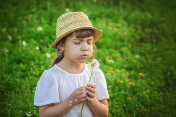 girl blowing dandelions in the air. selective focus. 