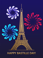 Happy Bastille day! Eiffel tower fireworks on the background of the flag of France. Greeting card. vector illustration.