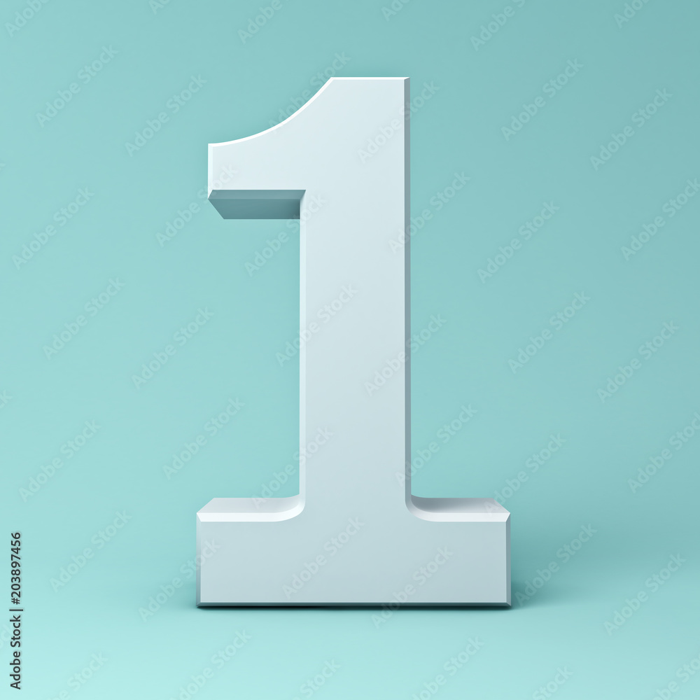 Poster White number one or 1 on blue pastel color background with shadow . 3D rendering.