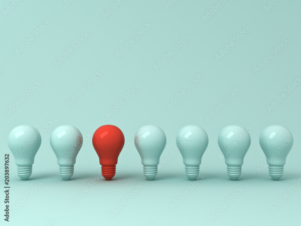 Poster think different concept , one red light bulb standing out from the green incandescent lightbulbs on 