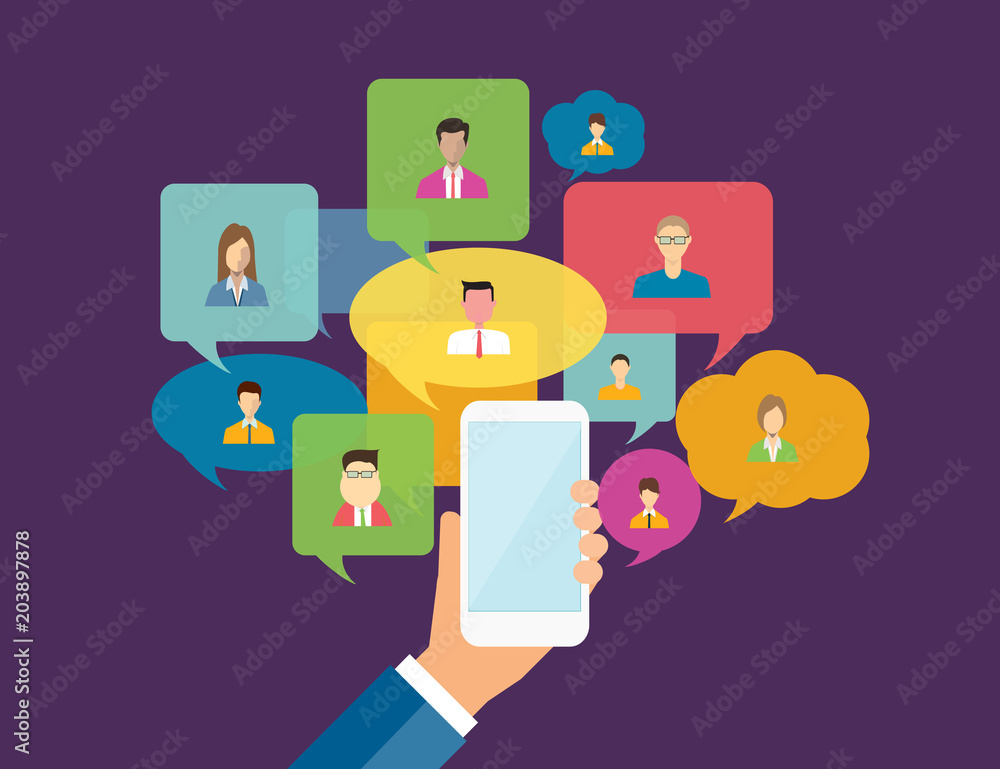 Aufkleber social network connection for online business background concept and business hand hold mobile