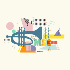 Music colorful background with trumpet vector illustration. Geometric music festival poster, creative trumpet design with word music. Typographic banner