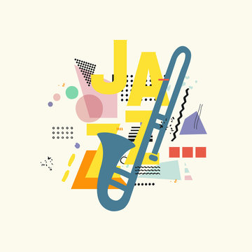 Music colorful background with trumpet vector illustration. Geometric music festival poster, creative trumpet design with word jazz. Typographic banner