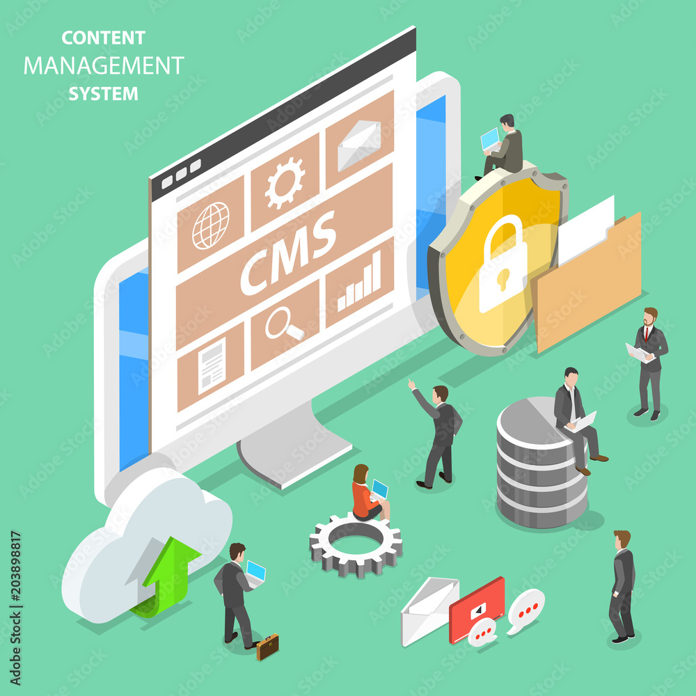 Aufkleber flat isometric vector concept of cms - content management system.