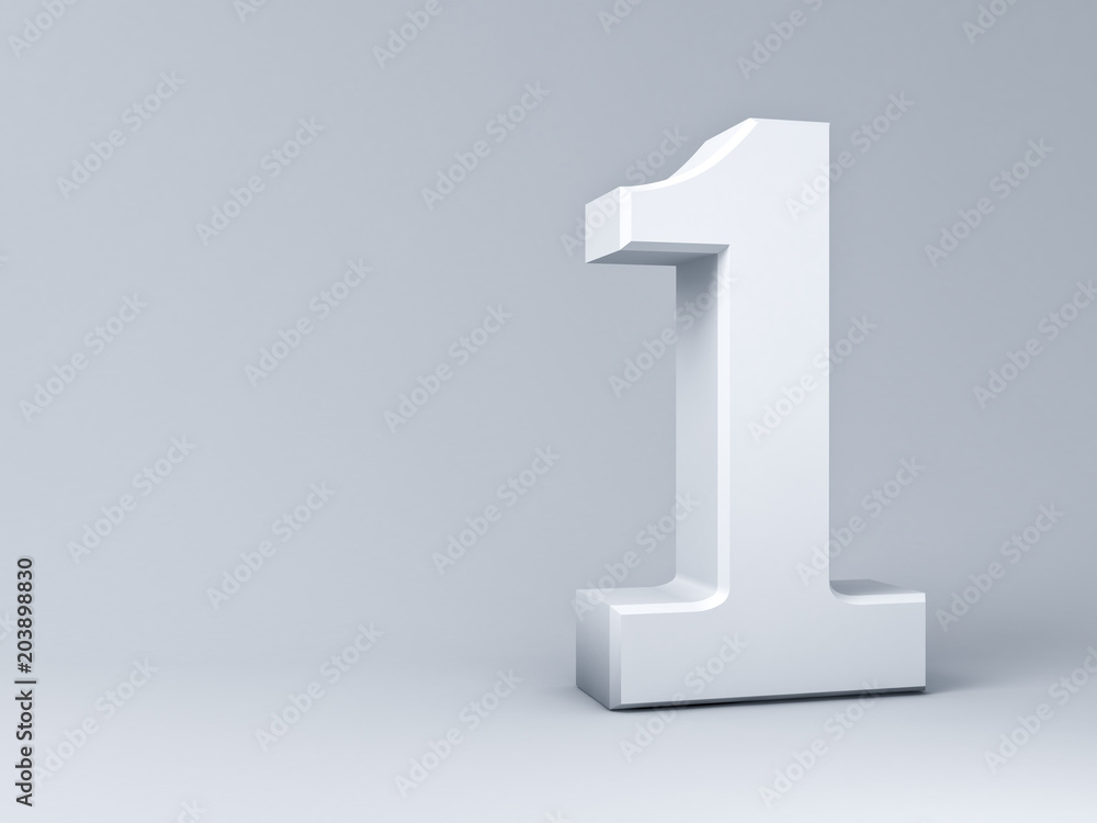 Fototapete white number one or 1 on gray background with blank space . 3d rendering.