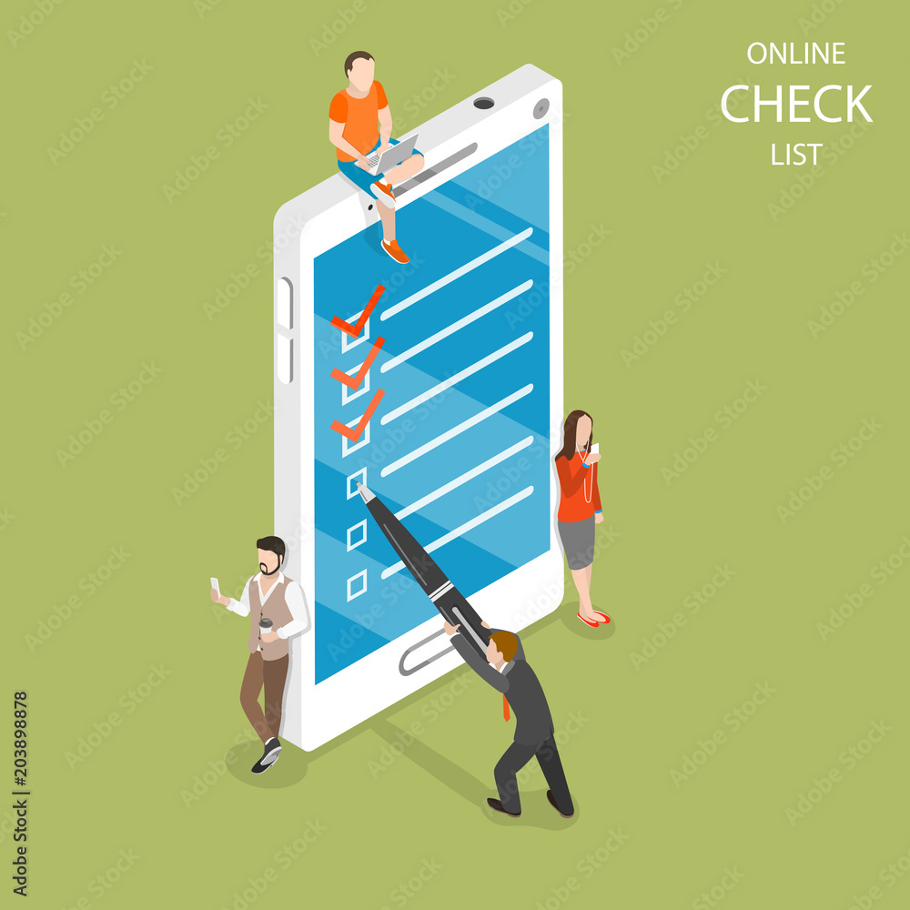 Poster online checklist flat isometric vector concept. a man with a pen is setting a check mark on the mobi