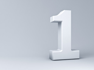 White number one or 1 on gray background with blank space . 3D rendering.