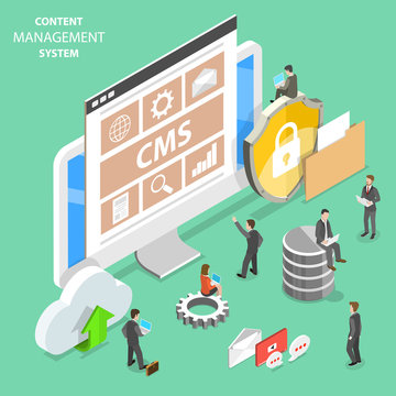 Flat isometric vector concept of CMS - content management system.