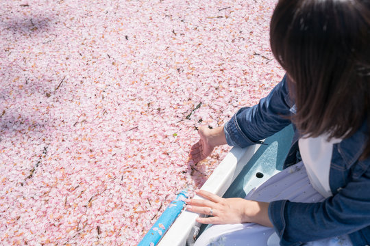 Woman sitting in boat while touching cherry blossom